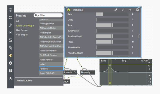 Dragging a plug-in from the left toolbar into a patcher shows a new in-line view of your favorite parameters