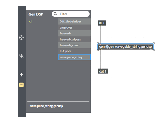 Gen modules you’ve created are accessible for dragging into a Gen or Max patcher