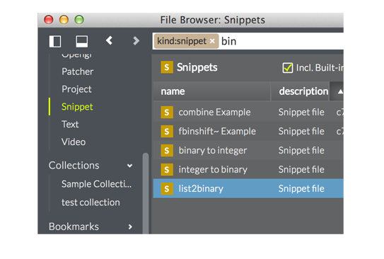 Use the file browser to locate the snippet by name or the visual snippet browser in the patcher toolbar